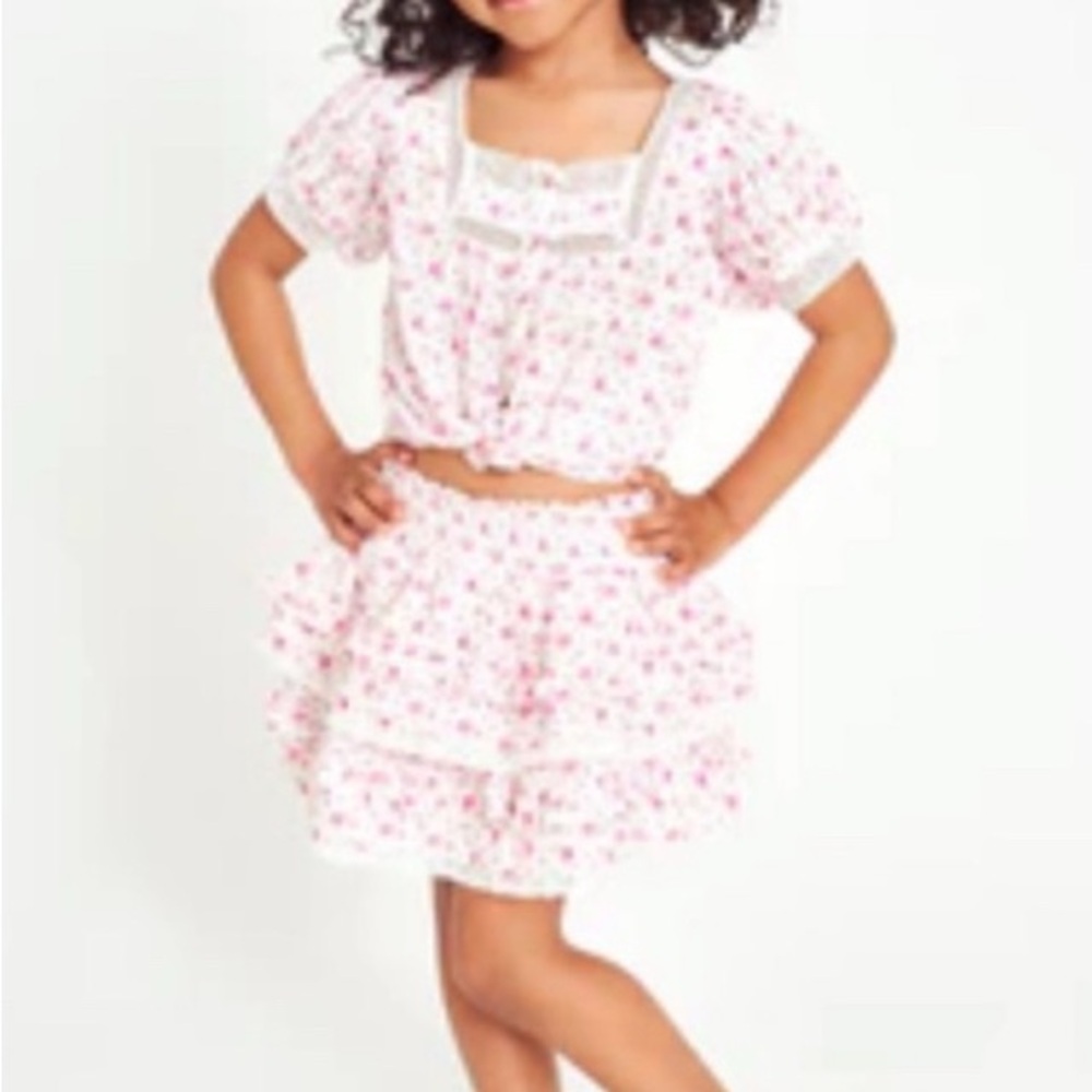 Loveshack Fancy Pink Floral button down short sleeve Girls Top size 12